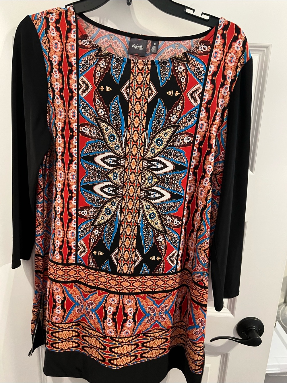 Rafaella Black Tunic with Red, Blue & Gold Medallion Print